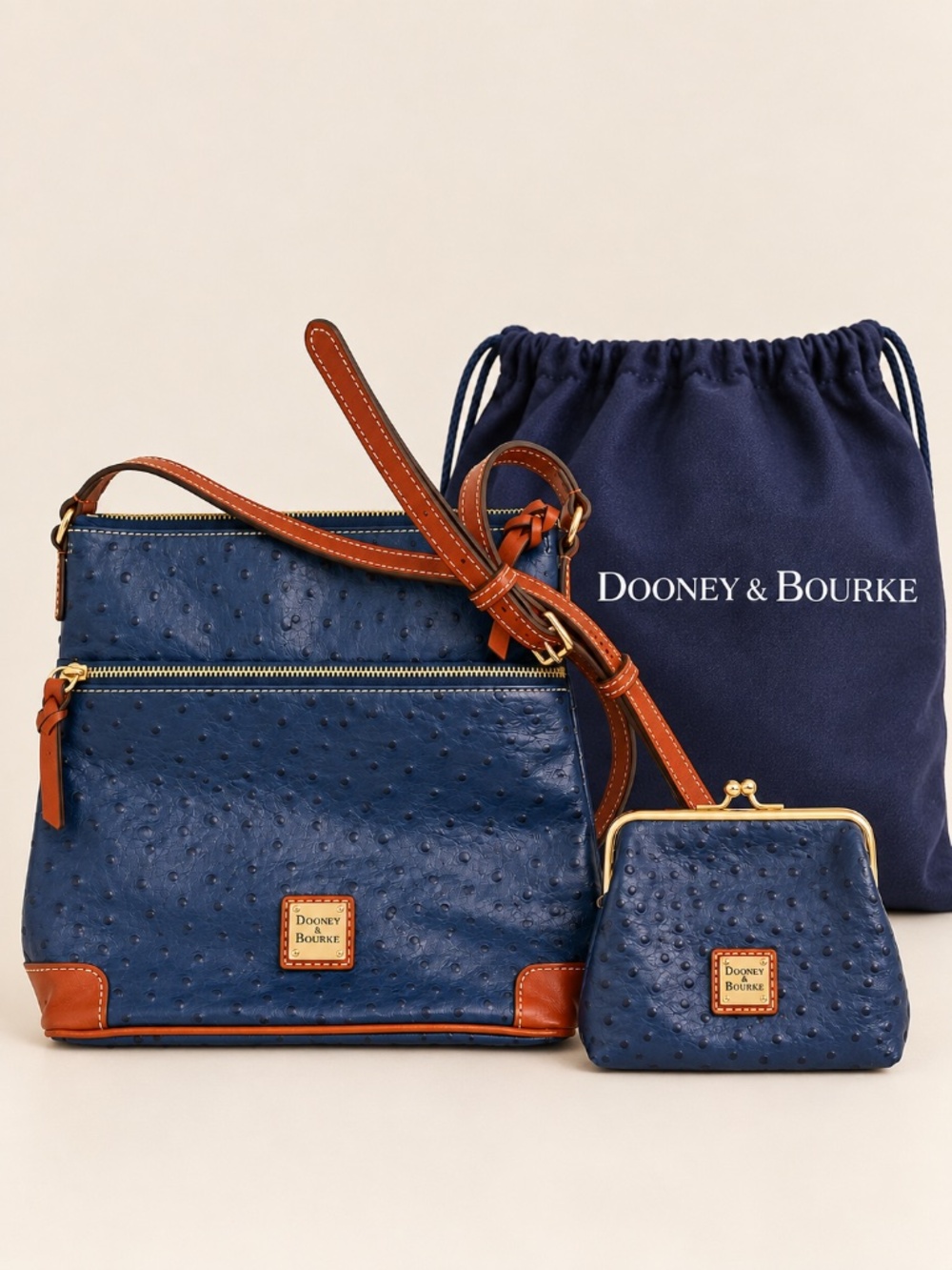 Dooney & Bourke Navy Ostrich Leather Handbag + Matching Wallet Set